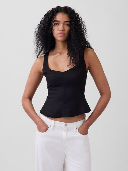 Siyah Keten Karışımlı Peplum Bluz