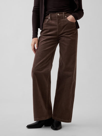 Kahverengi High Rise Kadife Stride Wide-leg Pantolon