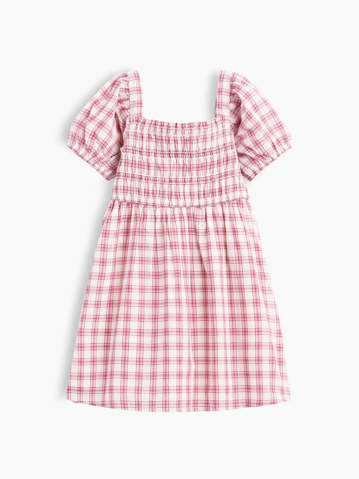 Pembe Smocked Yaka Kareli Elbise