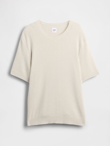 Krem Ribbed Bisiklet Yaka Triko T-shirt