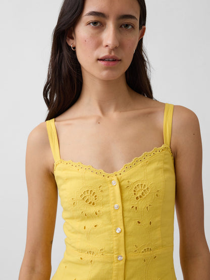 Sarı Keten Karışımlı Işlemeli Button-front Askılı Maxi Elbise