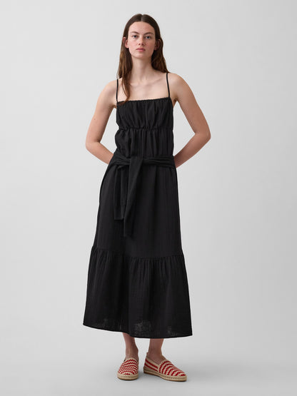 Siyah Gauze Tiered Empire Waist Elbise