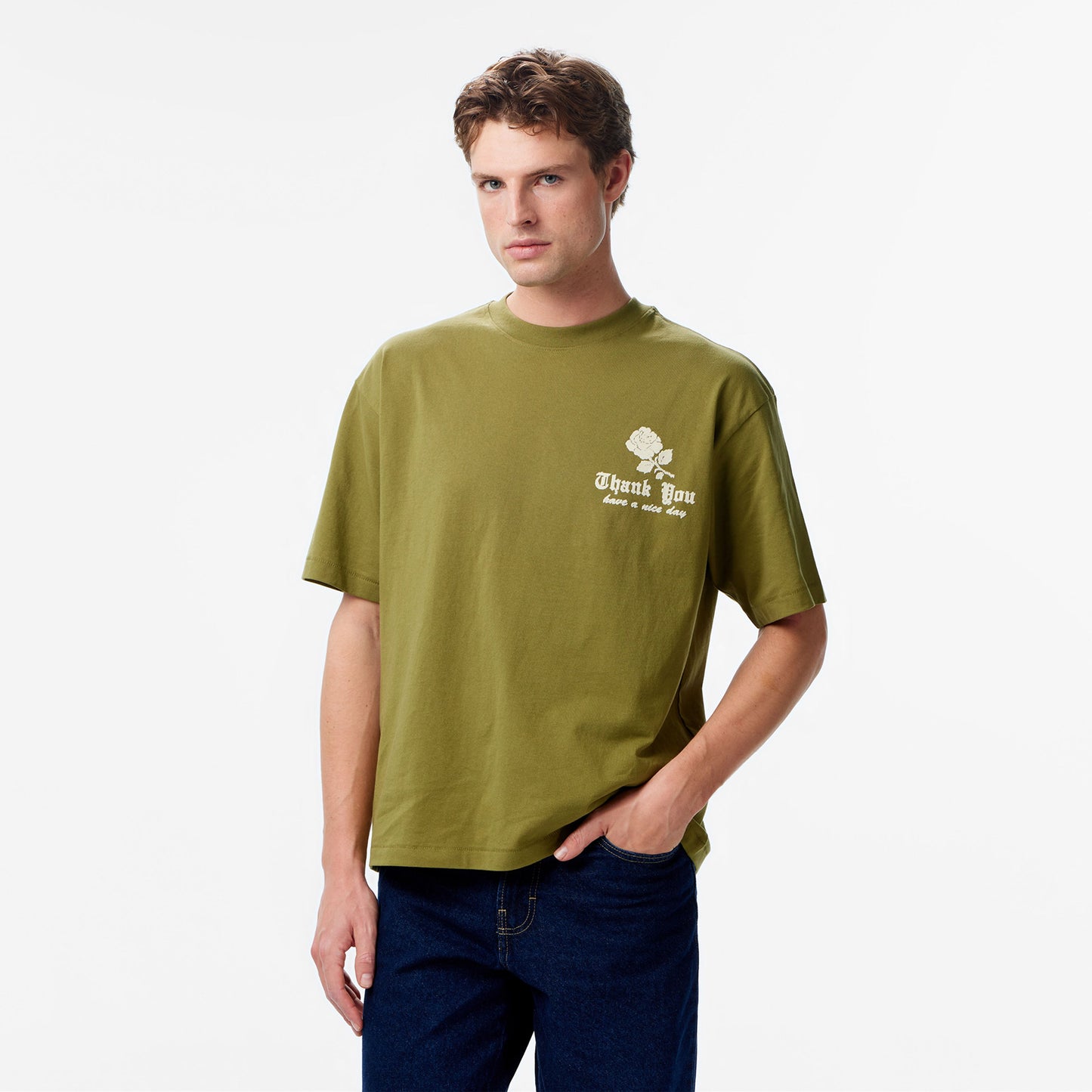 Market Thank You Needlepoint Erkek Haki T-shirt
