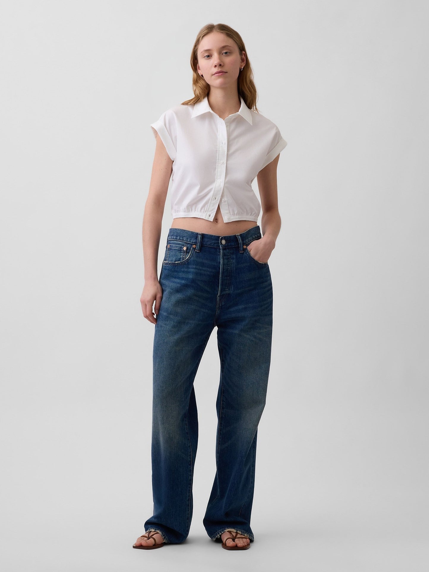 Beyaz Poplin Cap-sleeve Crop Bluz