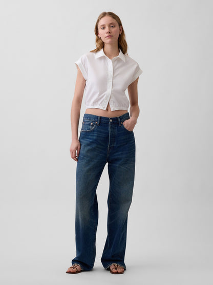 Beyaz Poplin Cap-sleeve Crop Bluz