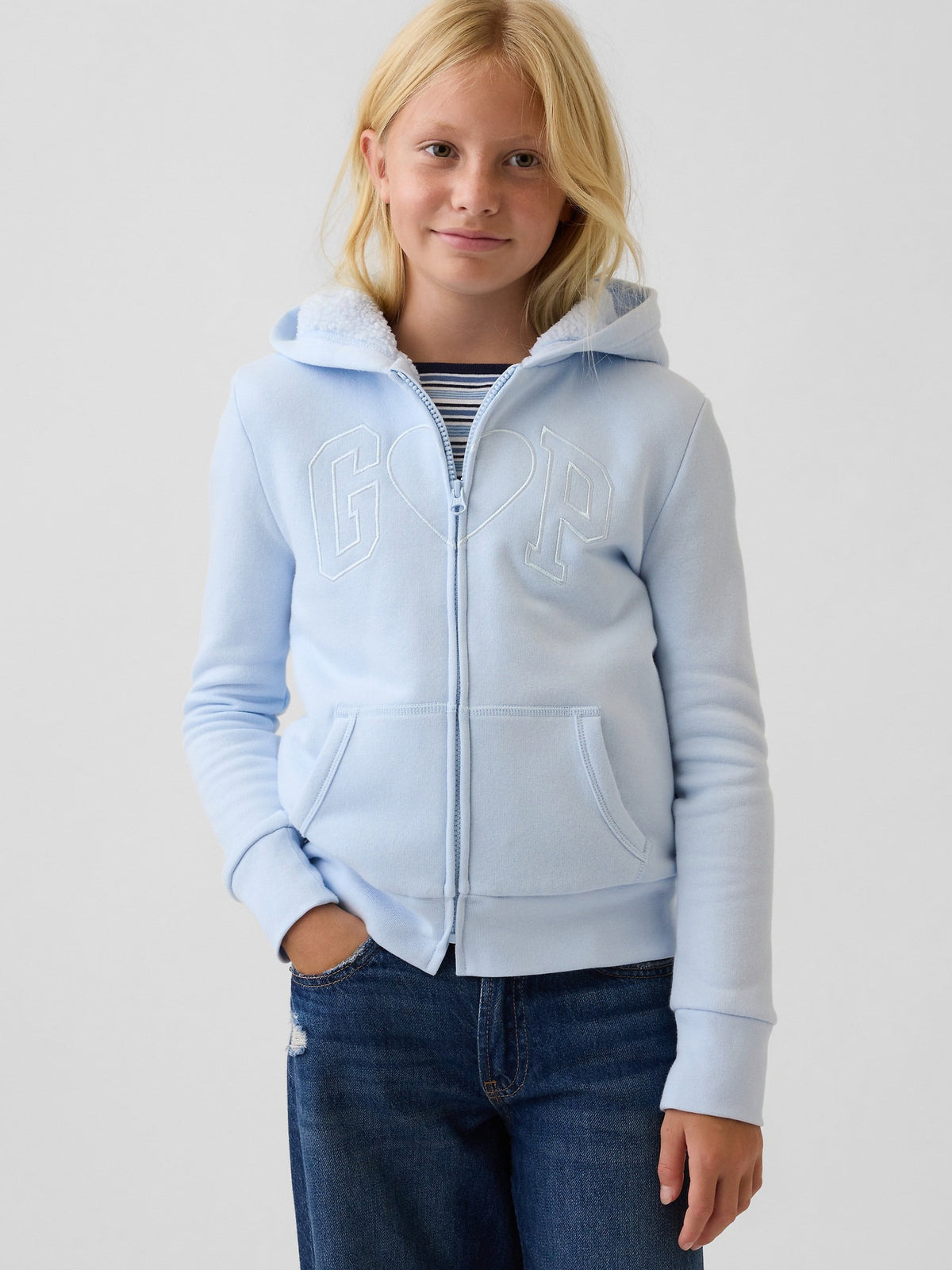 Açık Mavi Sherpa Astarlı Logo Fermuarlı Sweatshirt
