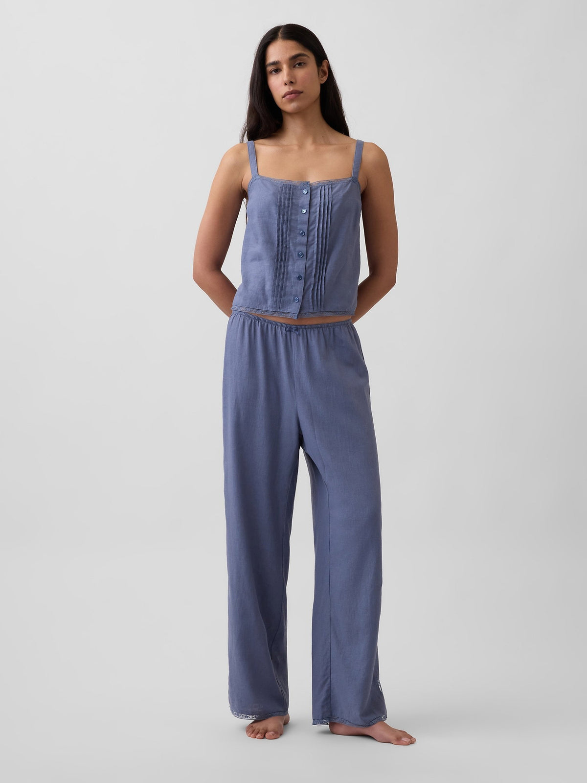 Mavi Keten Karışımlı Pintuck Kısa Askılı Pijama Üstü
