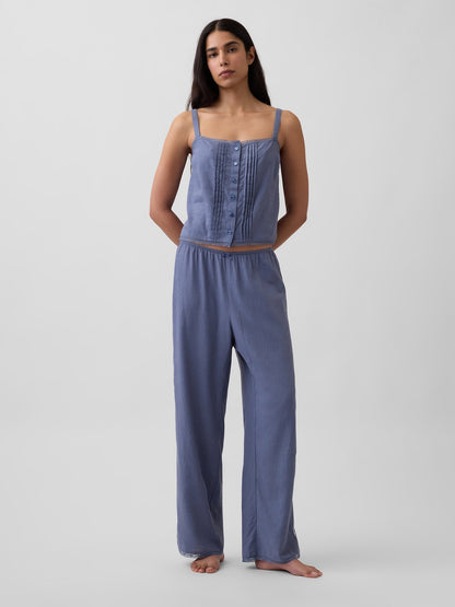 Mavi Keten Karışımlı Pintuck Kısa Askılı Pijama Üstü