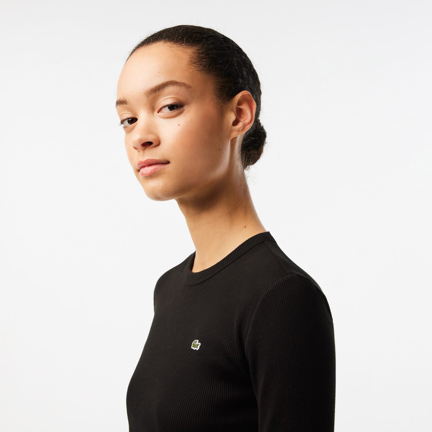 Lacoste Kadın Slim Fit Uzun Kollu Bisiklet Yaka Siyah Tişört