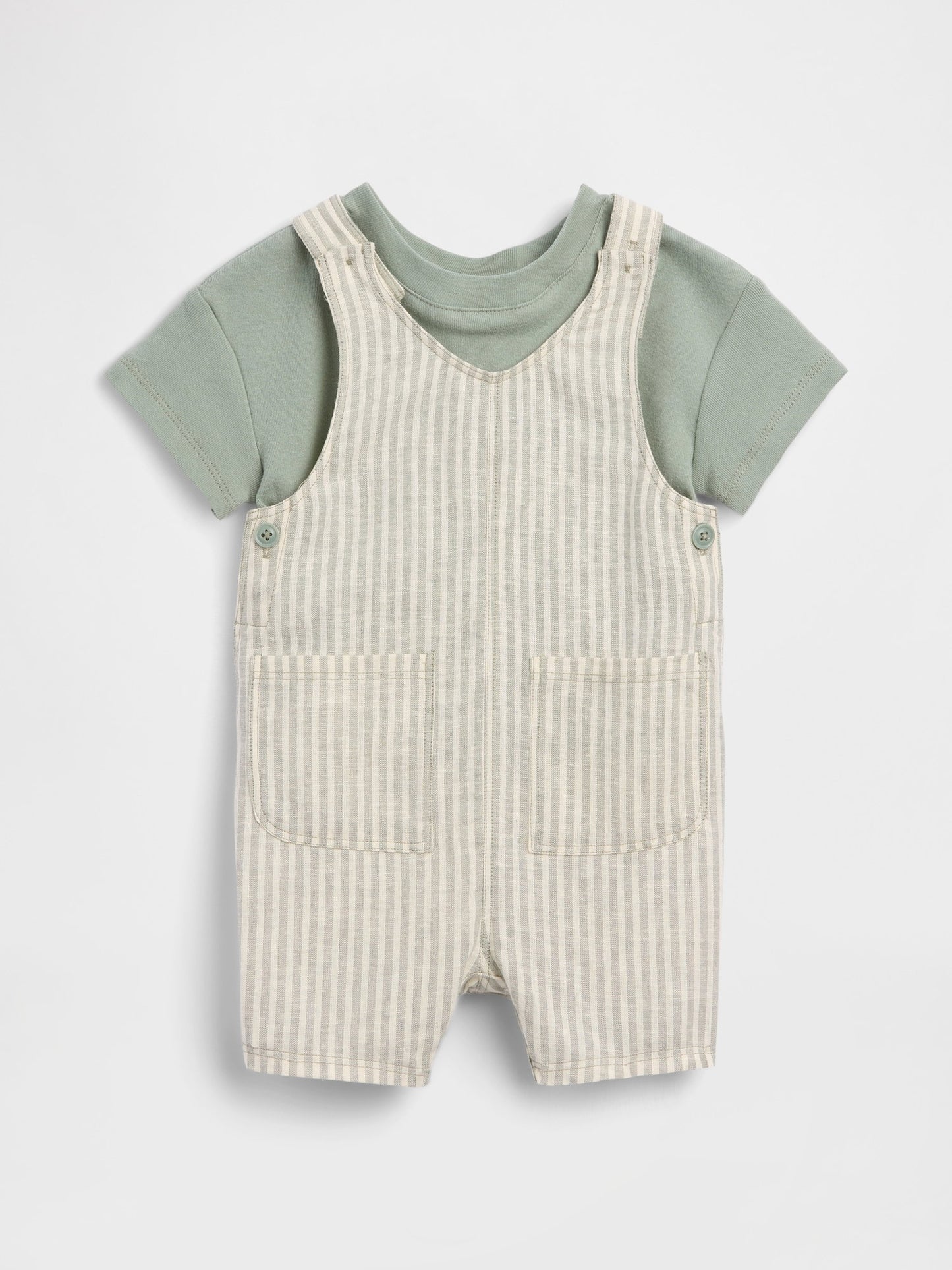 Yeşil Keten Pamuk Karışımlı Kısa Tulum Outfit Set