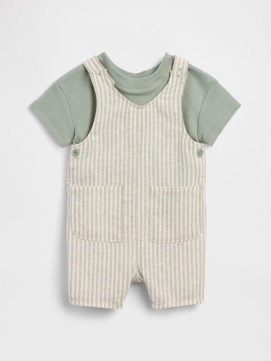 Yeşil Keten Pamuk Karışımlı Kısa Tulum Outfit Set