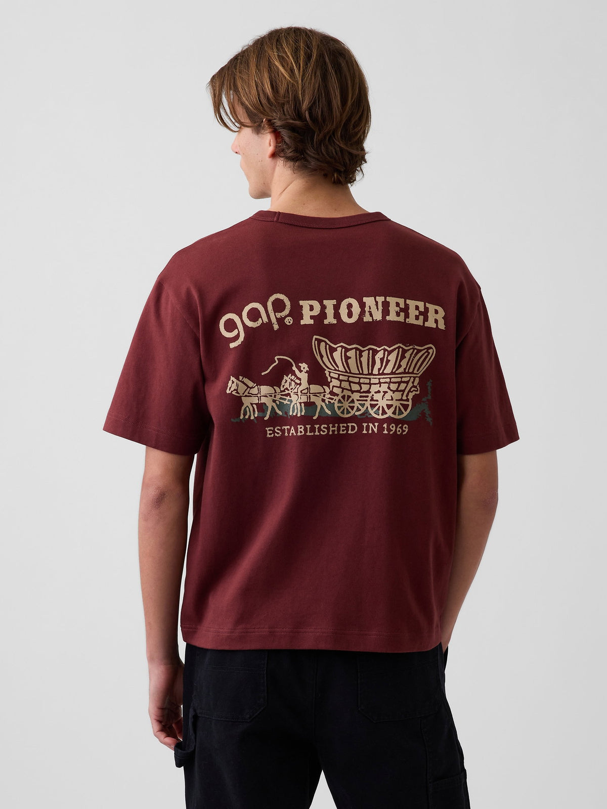 Koyu Kırmızı Heavyweight Gap Pioneer Grafik Baskılı T-shirt