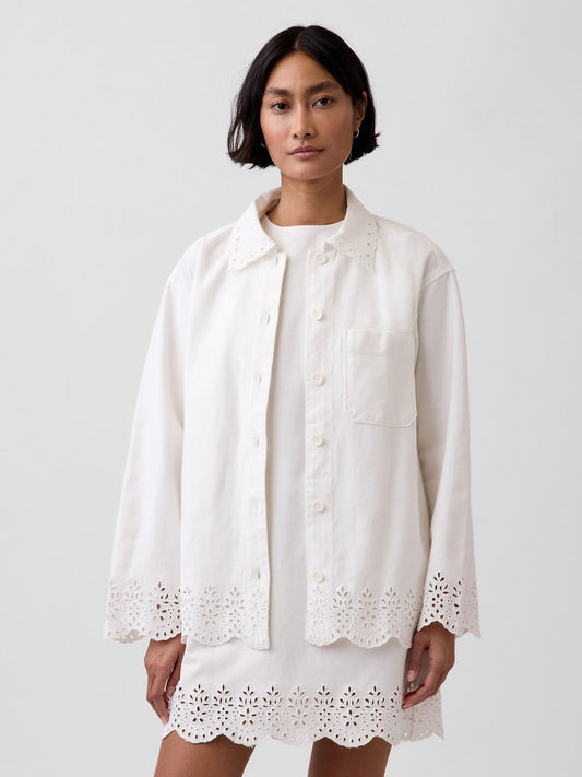 Beyaz Eyelet Hem Relaxed Gömlek Ceket