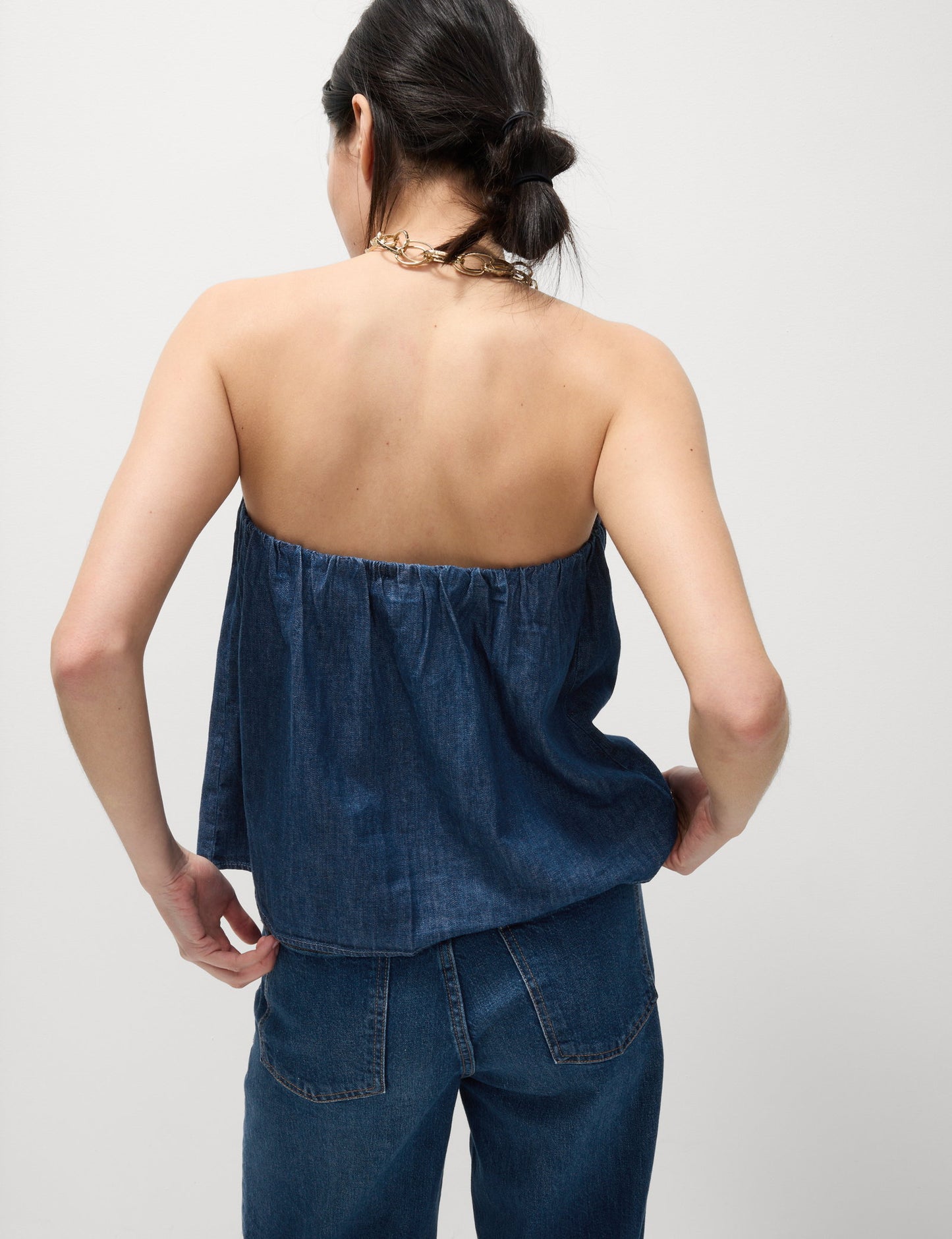 Saf Pamuklu Denim Bandeau Top