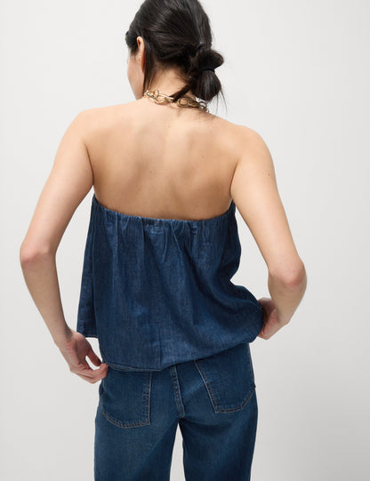 Saf Pamuklu Denim Bandeau Top