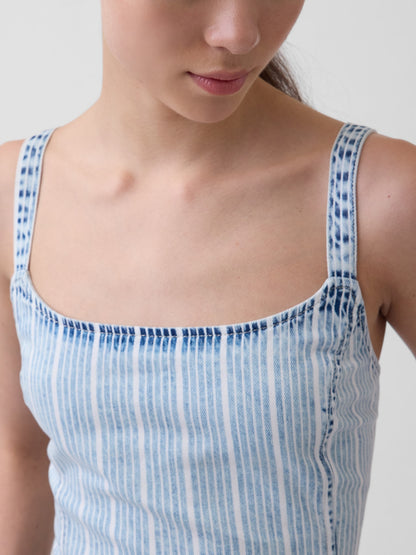 Açık Mavi Ultrasoft Denim Çizgili Drop-waist Mini Elbise