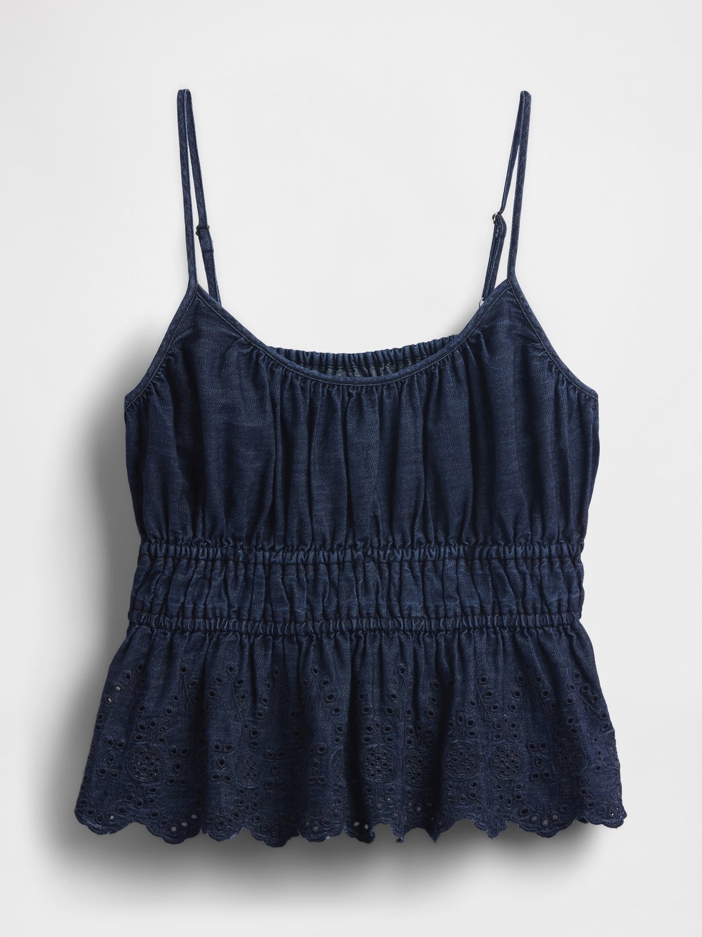 Lacivert Büzgülü Eyelet Denim Cami Bluz