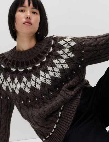 Fair Isle Desenli Örgü Yuvarlak Yaka Triko Kazak