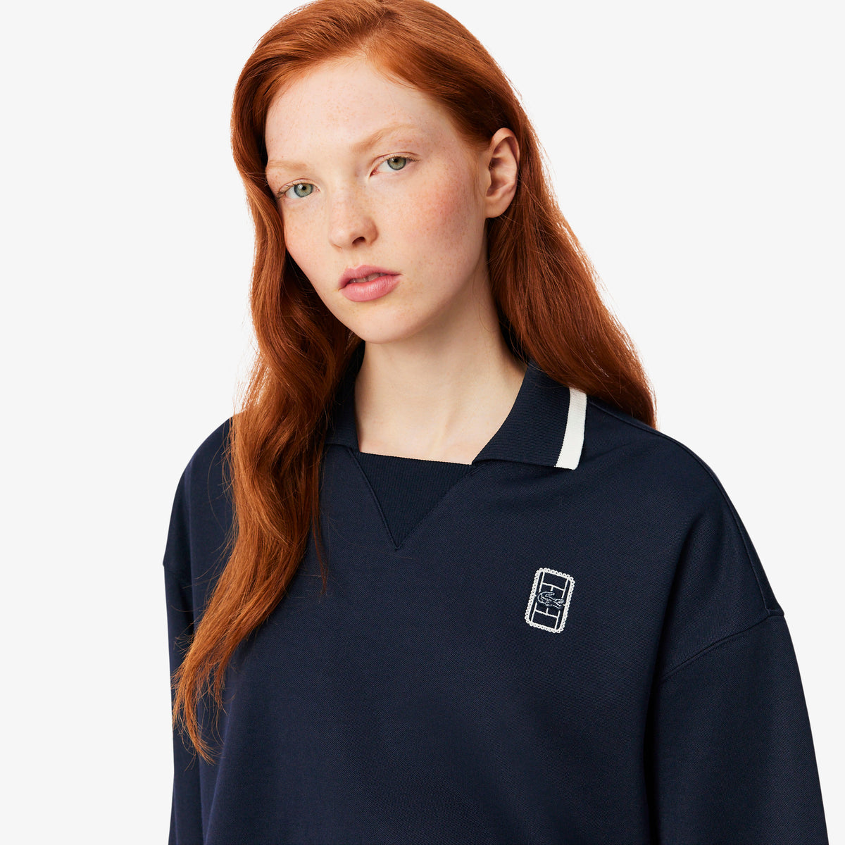 Lacoste Kadın Oversize Fit Polo Yaka Lacivert Sweatshirt