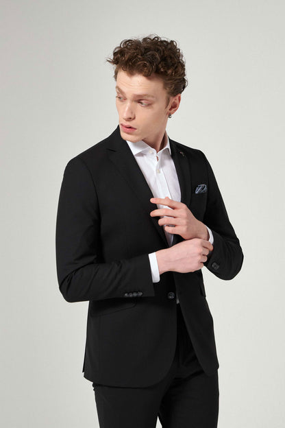 Tween Slim Fit Siyah Düz Yünlü Bi Stretch Takim Elbise