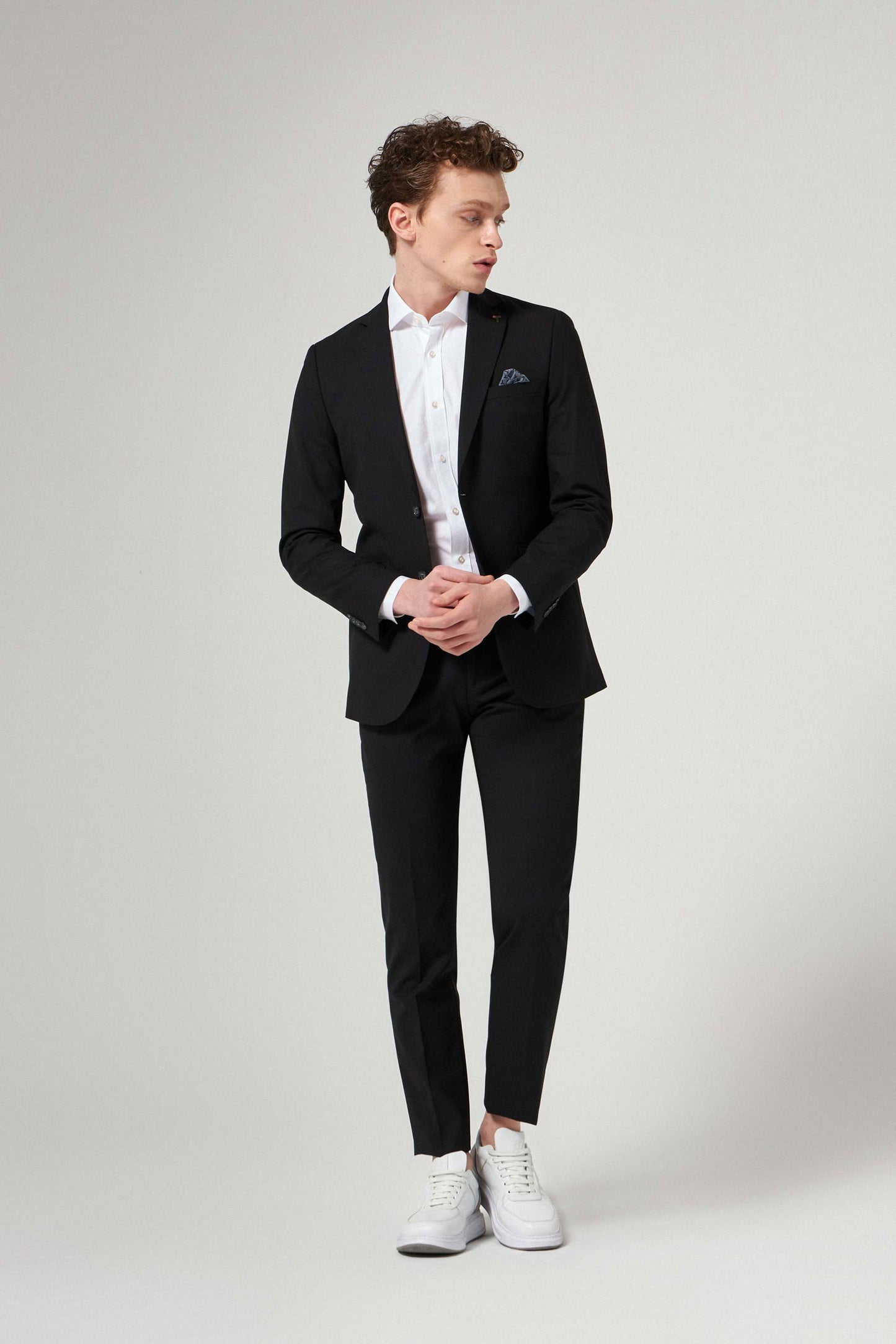 Tween Slim Fit Siyah Düz Yünlü Bi Stretch Takim Elbise