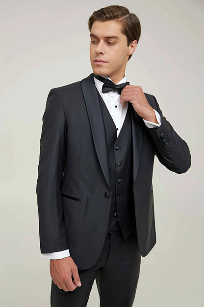 Damat Slim Fit Siyah Düz Damatlık &amp; Takim Elbise Yelekli