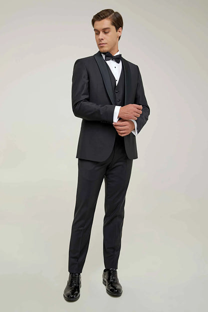 Damat Slim Fit Siyah Düz Damatlık &amp; Takim Elbise Yelekli