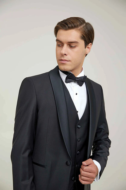 Damat Slim Fit Siyah Düz Damatlık &amp; Takim Elbise Yelekli