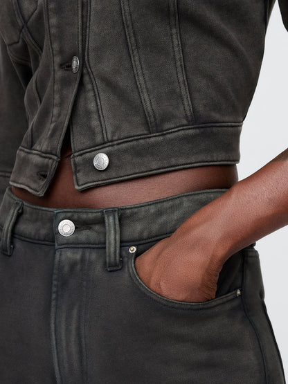 Siyah 11 Mid Rise Fransız Havlu Kumaş Denim Uzun Şort