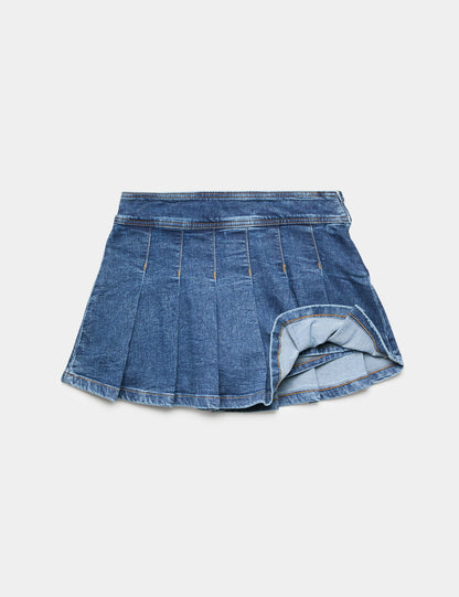 Pileli Denim Mini Şort Etek