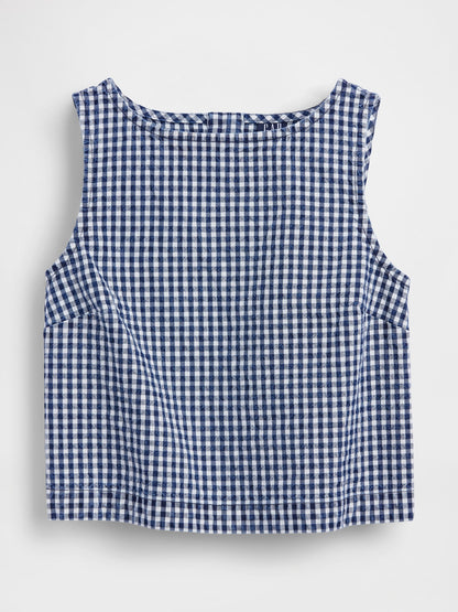 Lacivert Gingham Denim Crop Shell Kolsuz Üst