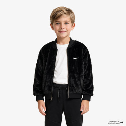 Nike Faux Fur Bomber Çocuk Siyah Mont