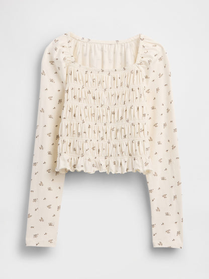 Krem Smocked Kare Yaka Bluz