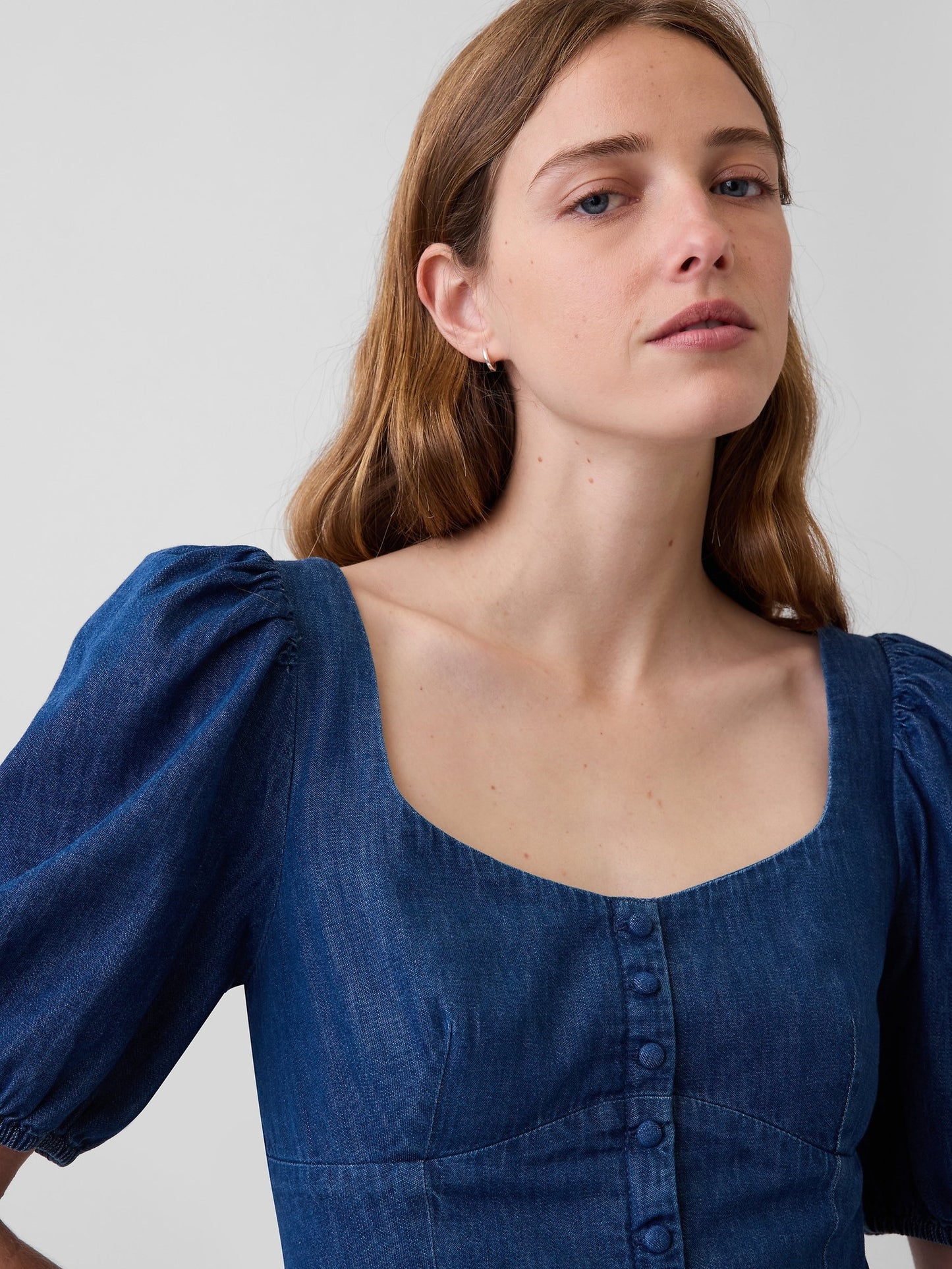 Mavi Denim Puff-sleeve Kalp Yaka Mini Elbise