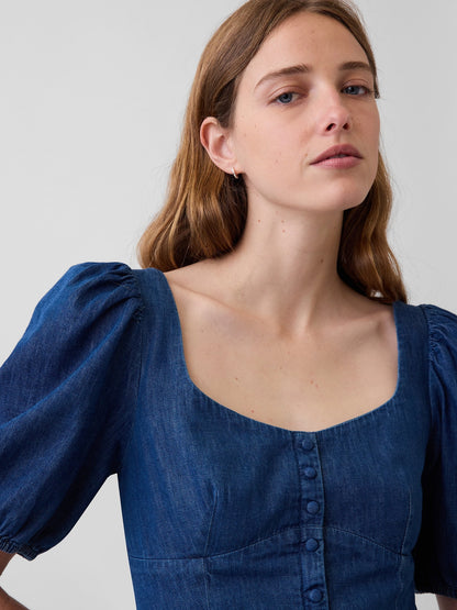 Mavi Denim Puff-sleeve Kalp Yaka Mini Elbise