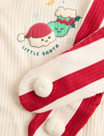 2'li Pamuk Karışımlı Little Santa Baskılı Takım