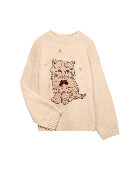 Kedi Desenli Triko Kazak