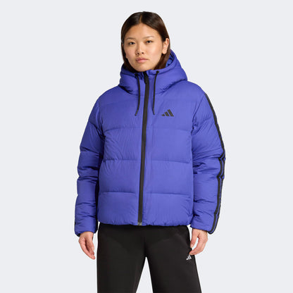 Adidas Essentials Climawarm 3 Stripes Puffer Down Kapüşonlu Kadın Mavi Outdoor Montu