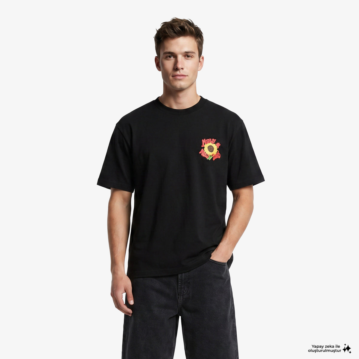 Market Smiley Sunflower Erkek Siyah T-shirt