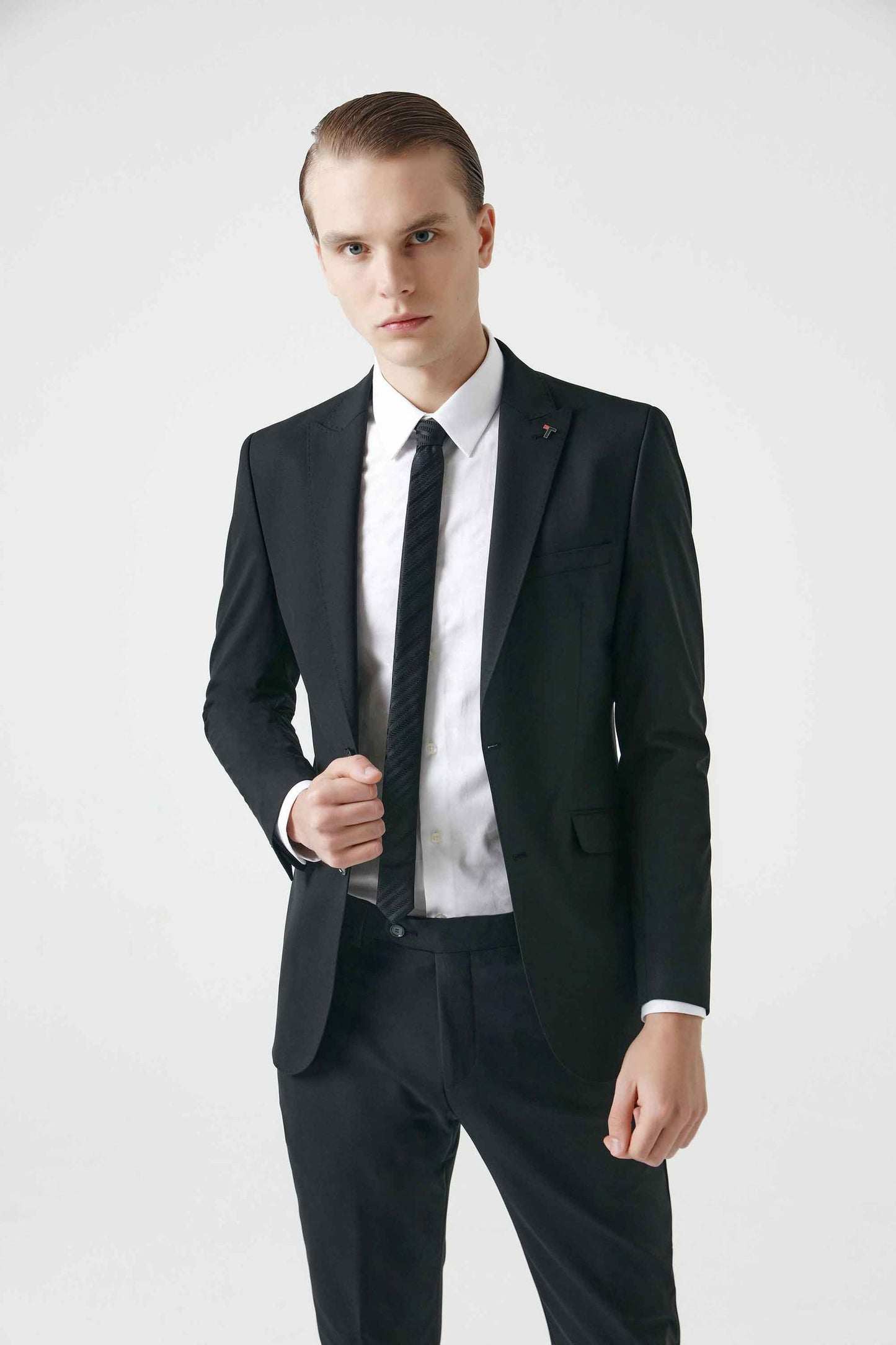 Tween Slim Fit Siyah Düz Yün Karişimli Takim Elbise