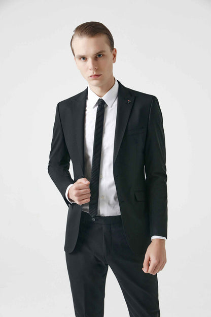 Tween Slim Fit Siyah Düz Yün Karişimli Takim Elbise