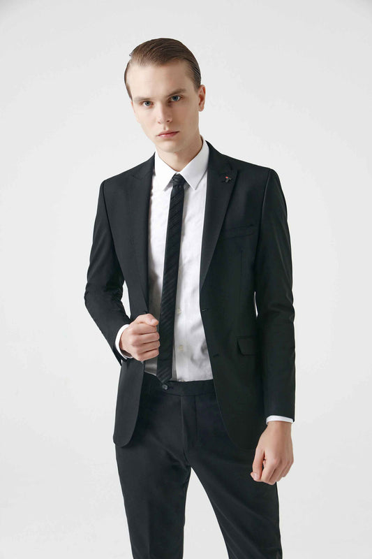 Tween Slim Fit Siyah Düz Yün Karişimli Takim Elbise