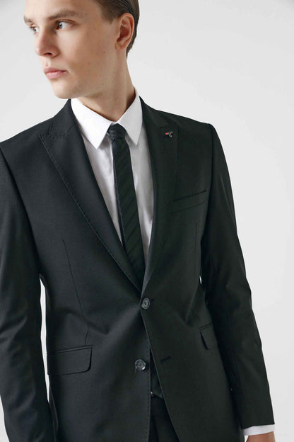 Tween Slim Fit Siyah Düz Yün Karişimli Takim Elbise