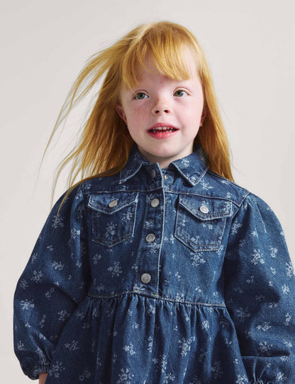 Çiçek Desenli Denim Çocuk Elbise