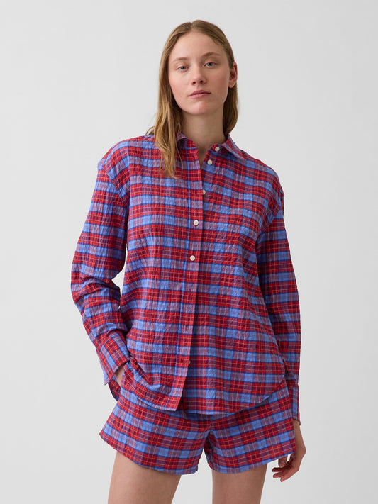 Kırmızı Seersucker Kareli Oversized Gömlek