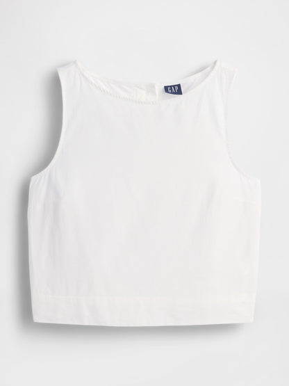 Beyaz Keten Karışımlı Crop Shell Kolsuz Bluz