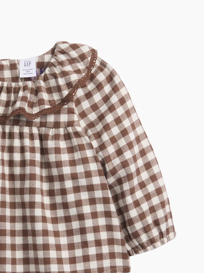 Kahverengi Gingham Flannel Bodysuit Elbise