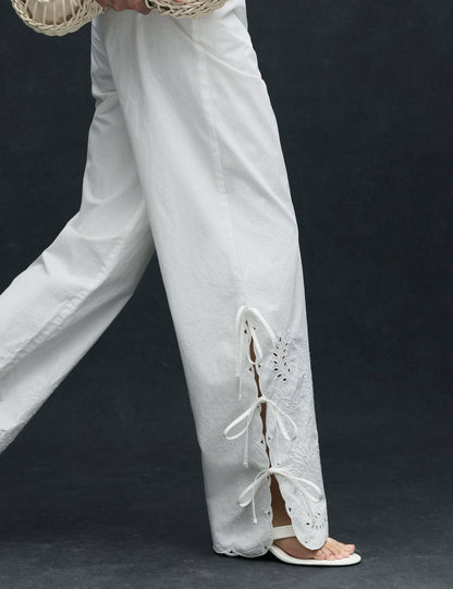 Saf Pamuklu Nakışlı Bağlama Detaylı Wide Leg Pantolon