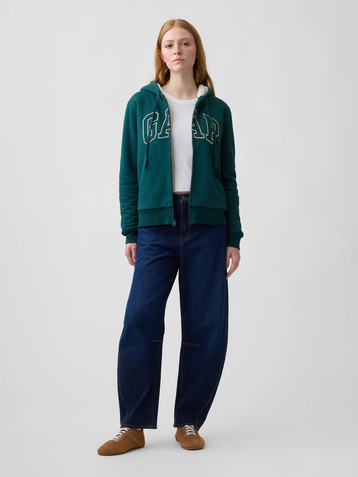 Koyu Yeşil Relaxed Gap Logo Sherpa-astarlı Fermuarlı Sweatshirt