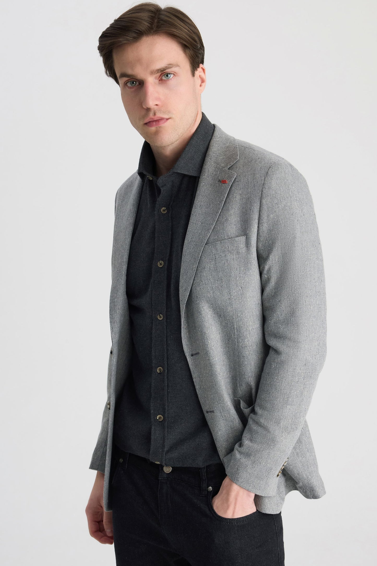 Twn Slim Fit Gri Armürlü Kumaş Ceket